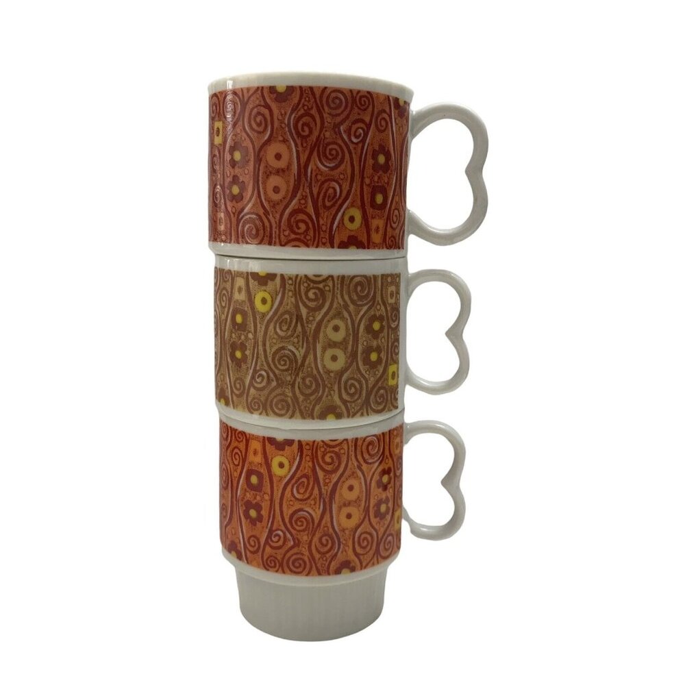 Vintage Mugs Stacking Stylecraft 1205 Made In Japan Floral MCM Style Orange Red